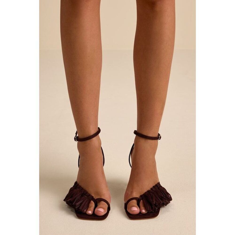 Lulus Vika Brown Suede Fringe Ankle Strap High Heel Sandals - Size 8